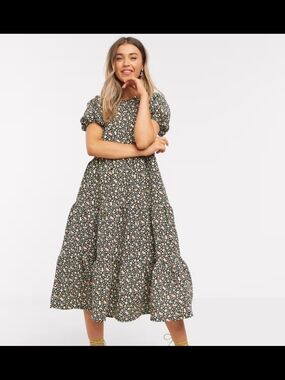ASOS DESIGN midi tiered smock dress in black floral print S-L